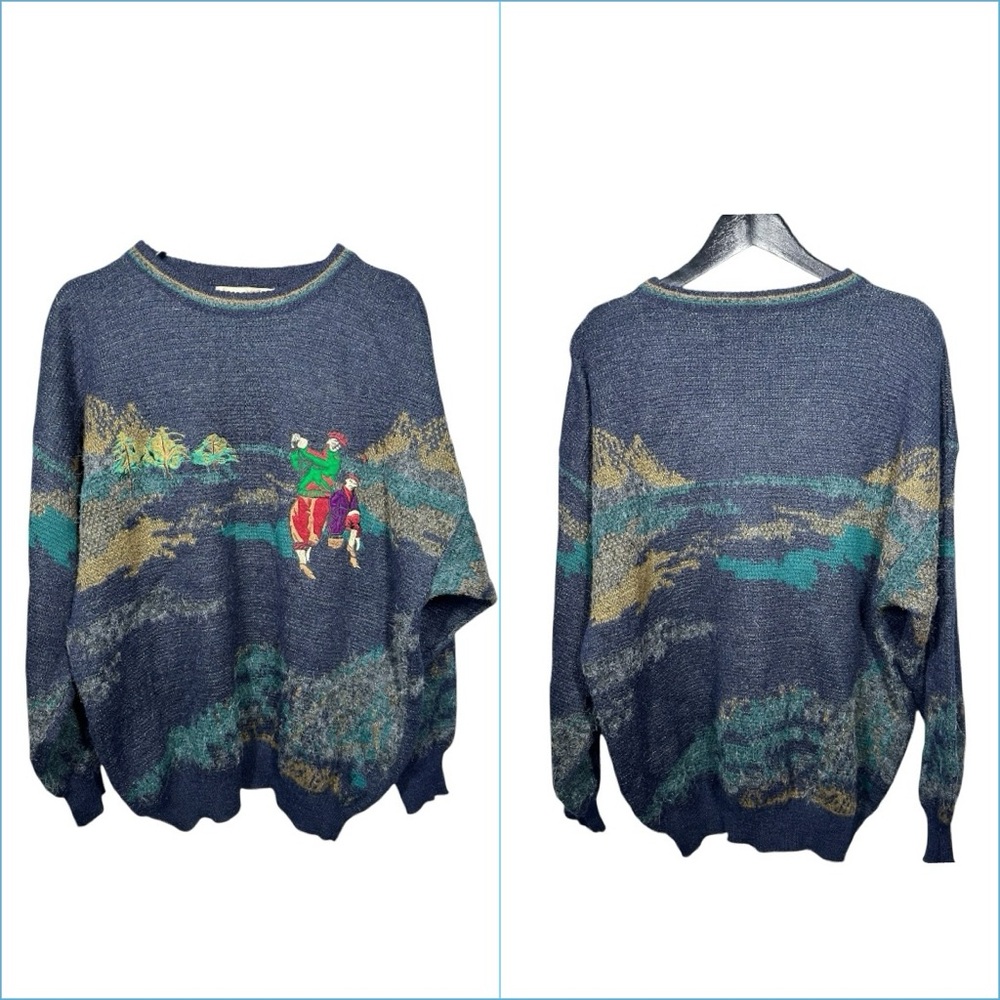 Vtg Aggio Mens Wool Blend‎ Golf Scene Sweater XL All Over Print 90s Grandpacore